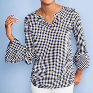 Talbots Petites Blouse Top Floral Embroidered Gingham Bell Ruffle‎ Sleeve Size P